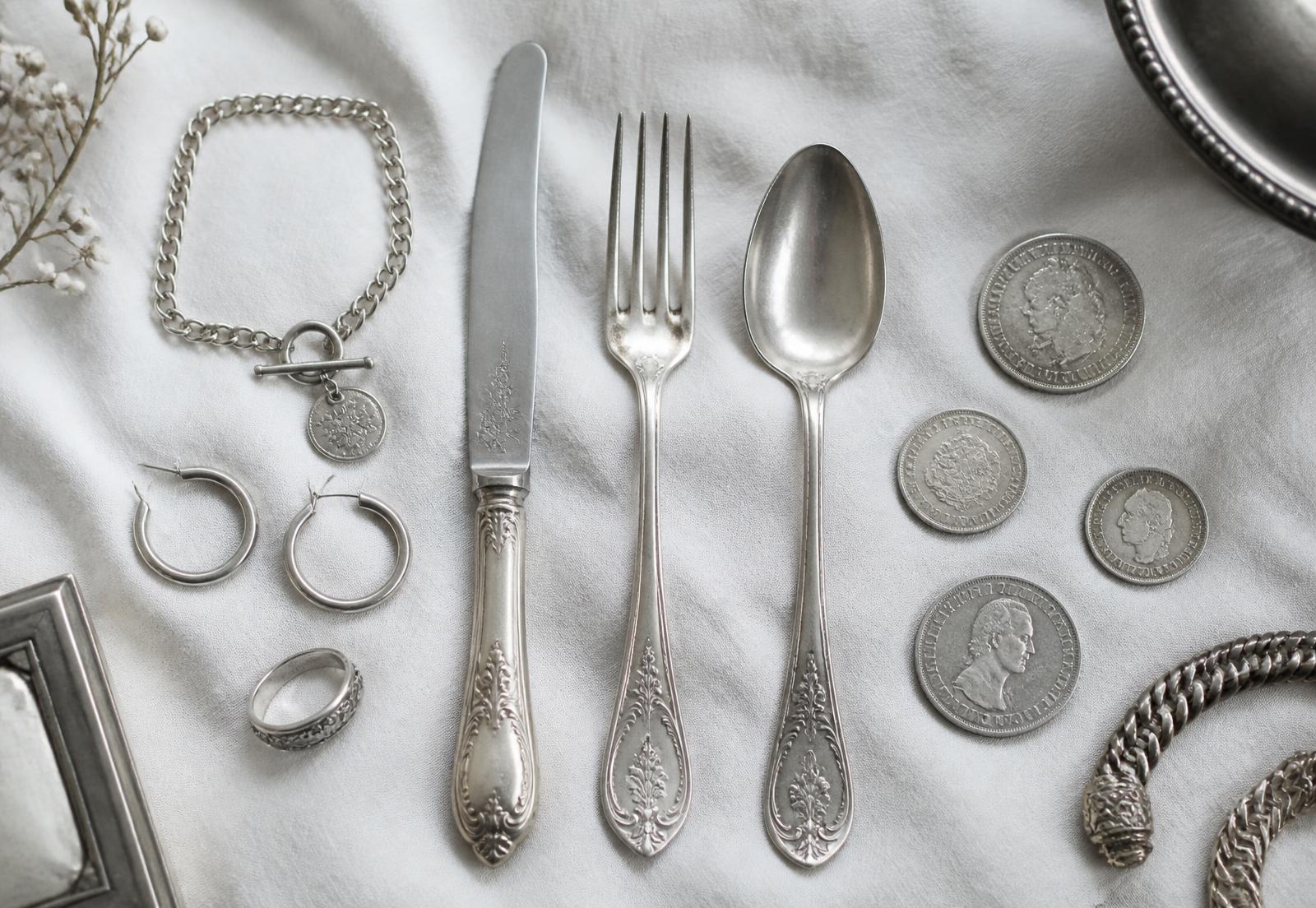 Silver cutlery, silver jewellery and silver coins arranged on white linen